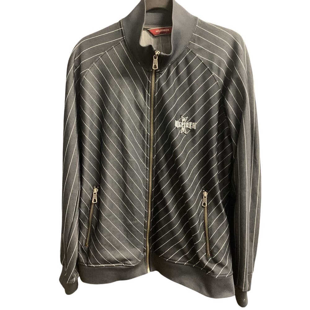 Vintage Hilfiger Red Label Denim XL Men’s Jacket Black Pin Stripe Full Zip Rock
